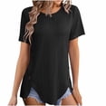 thumbnail image 1 of Fashion Olyvenn Summer New Women's Round Neck Jacquard Tops Irregular Hem Blouse Short Sleeve Buttons Casual T-shirt Black L, 1 of 5