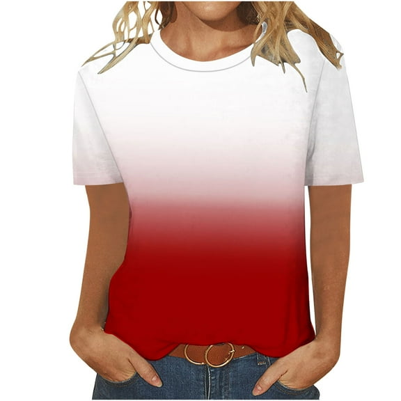 Fashion Olyvenn Women Gradient Color Shirts Short Sleeve Summer Topsd Ressy Casual Tunic Blouses Trendy Vacation Clothes Red S