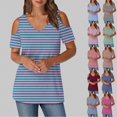 thumbnail image 1 of Fashion Olyvenn Women V Neck Cold Shoulder Tops V Neck Striped Short Sleeve T Shirts Loose Tops Sexy Casual Blouse Trendy Tshirt Black S, 1 of 6