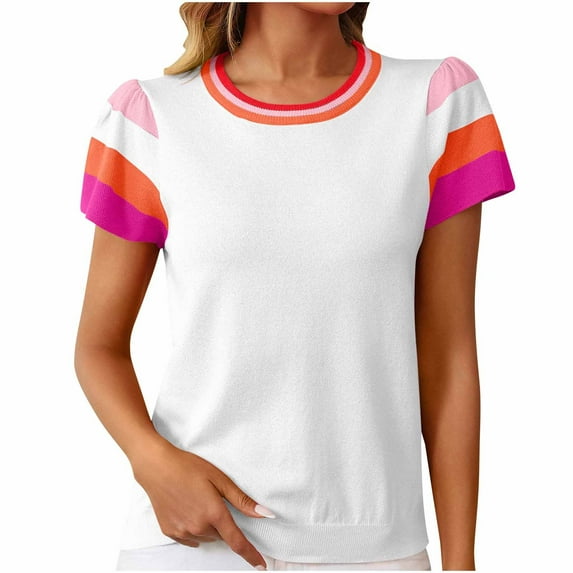 Fashion Olyvenn Women's Color Block Knitted Tops Casual Crewneck Short Sleeve Sweaters Loose Pullover Dressy Blouses T Shirts White XL