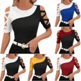 thumbnail image 1 of Fashion Olyvenn Women's Colorblock Criss Cross Cut Out Short Sleeve Round Neck Tee Shirts Hollow Out Streetwear Patchwork Shirts Black M, 1 of 8