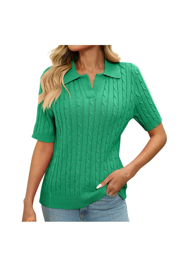 Fashion Olyvenn Women's Short Sleeve Cable Pullover Knit Sweater Spring Summer Women's Solid Color Lapel V Neck Knitted Top Green S