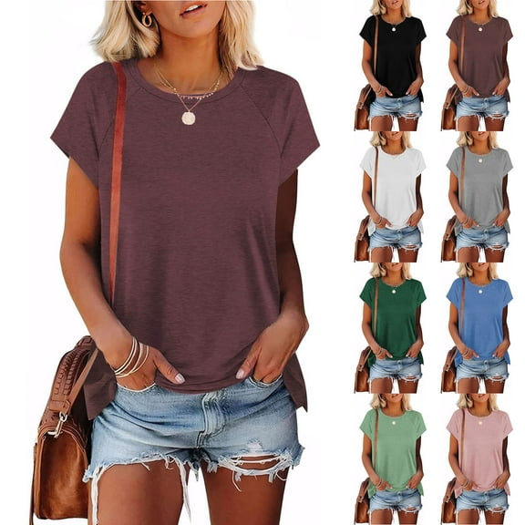 Fashion Olyvenn Women's Short Sleeve Tunic Tops Basic Loose T Shirts Crewneck Solid Color Batwing Sleeve Casual Tee Black L