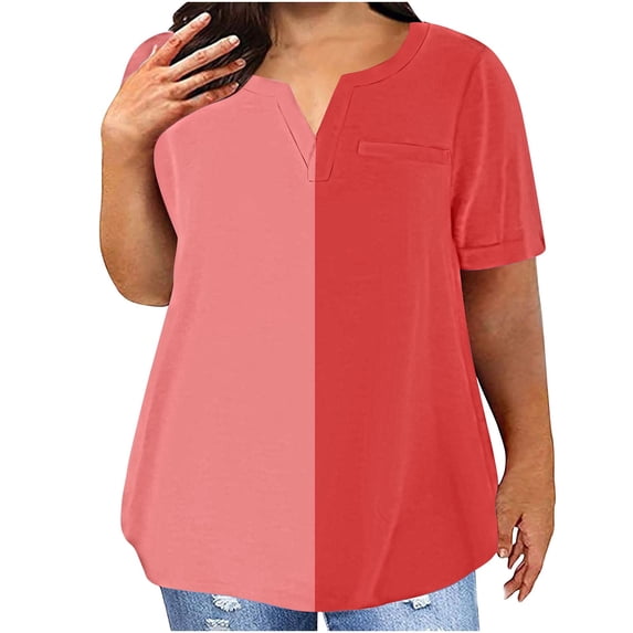 Fashion Olyvenn Womens Plus Size Tops Dressy Casual Summer T Shirts Short Sleeve Color Block Tees V Neck Tunics Top Pink XXXL