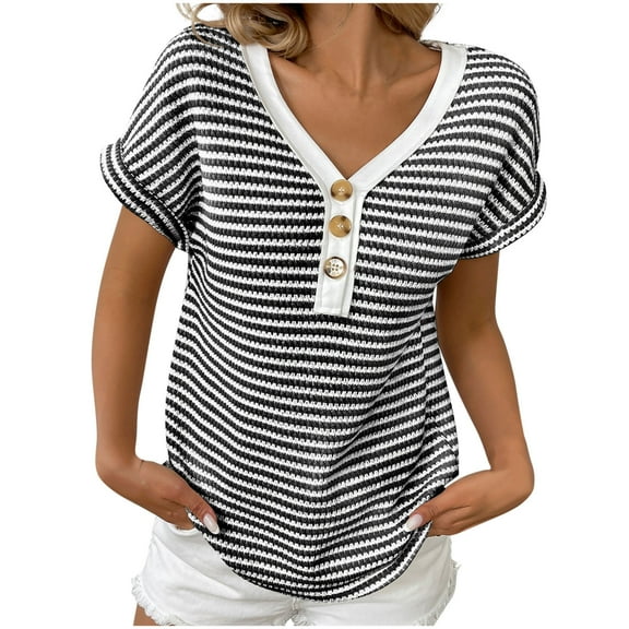 Fashion Olyvenn Womens Summer Tops Striped Dressy Casual Short Sleeve V Neck Loose Basic Button T-Shirts Tee Blouses Black S