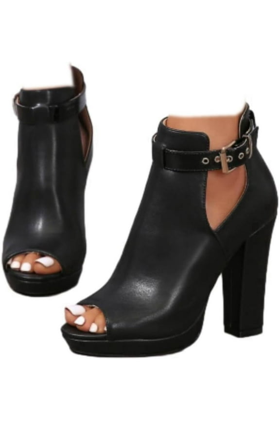 Fashion Open Peep Toe Booties for Women Cutout Side Strap Buckle Chunky Block Heel Sandal Short Ankle Boots Dressy Sandals
