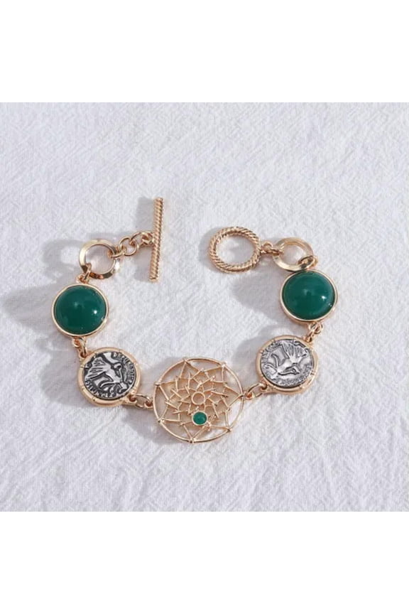 Fashion Openwork Floral Adornment Bracelets Women Silver Coin Round Gems Jewelry