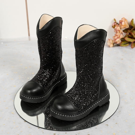 Fashion Outdoors Hiking Riding Casual Shoes Kids Boots Girls Fall And Winter Fashionable Sequined Bowknot High Boots Model Stylish And Versatile Leather Boots Shoes