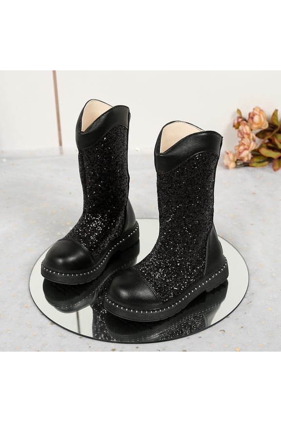 Fashion Outdoors Hiking Riding Casual Shoes Kids Boots Girls Fall And Winter Fashionable Sequined Bowknot High Boots Model Stylish And Versatile Leather Boots Shoes