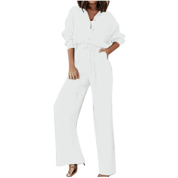 Fashion Outfits Casual 2 Piece Set Women Long Sleeve Button Down Lapel Shirts with High Waist Drawstring Wide Leg Pants Lounge Outfits