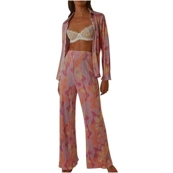 Fashion Outfits Women 2 Piece Outfits Casual Long Sleeve Loose Fit Button Down Shirts Blouses Tops Wide Leg Long Pants Sets Loungewear