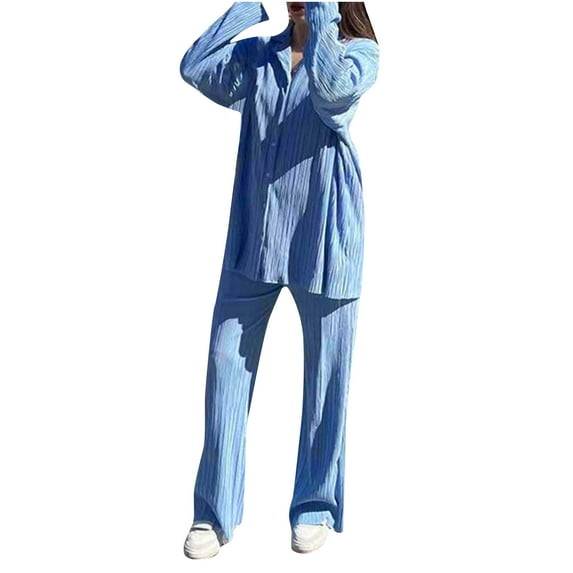 Fashion Outfits Women 2 Piece Outfits Casual Long Sleeve Loose Fit Button Down Shirts Blouses Tops Wide Leg Long Pants Sets Loungewear