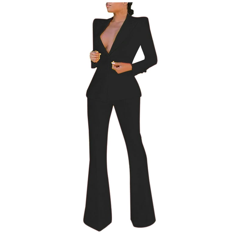 Fashion Outfits Women's Business Suit 2 Piece Long Sleeve Blazer Jackets  Outfits with Loose Bootcut Flare Long Pants Suit Set for Work 