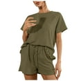 thumbnail image 1 of Fashion Outfits Womens Lounge Sets 2 Piece Solid Short Sleeve Ruffle Tops with Drawstring Shorts Outfits Pajamas Sets Tracksuits, 1 of 7