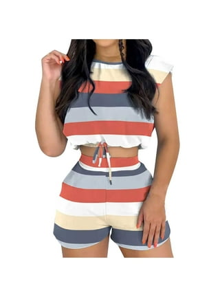 Summer Two Piece Outfits for Women Short Sleeve Slimming Crop Tops