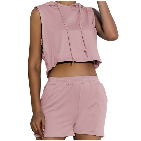 Fashion Outfits Womens Summer 2 Piece Outfits Sleeveless Hoodies Drawstring Crop tops High Waist Shorts Sets Tracksuits with Pockets