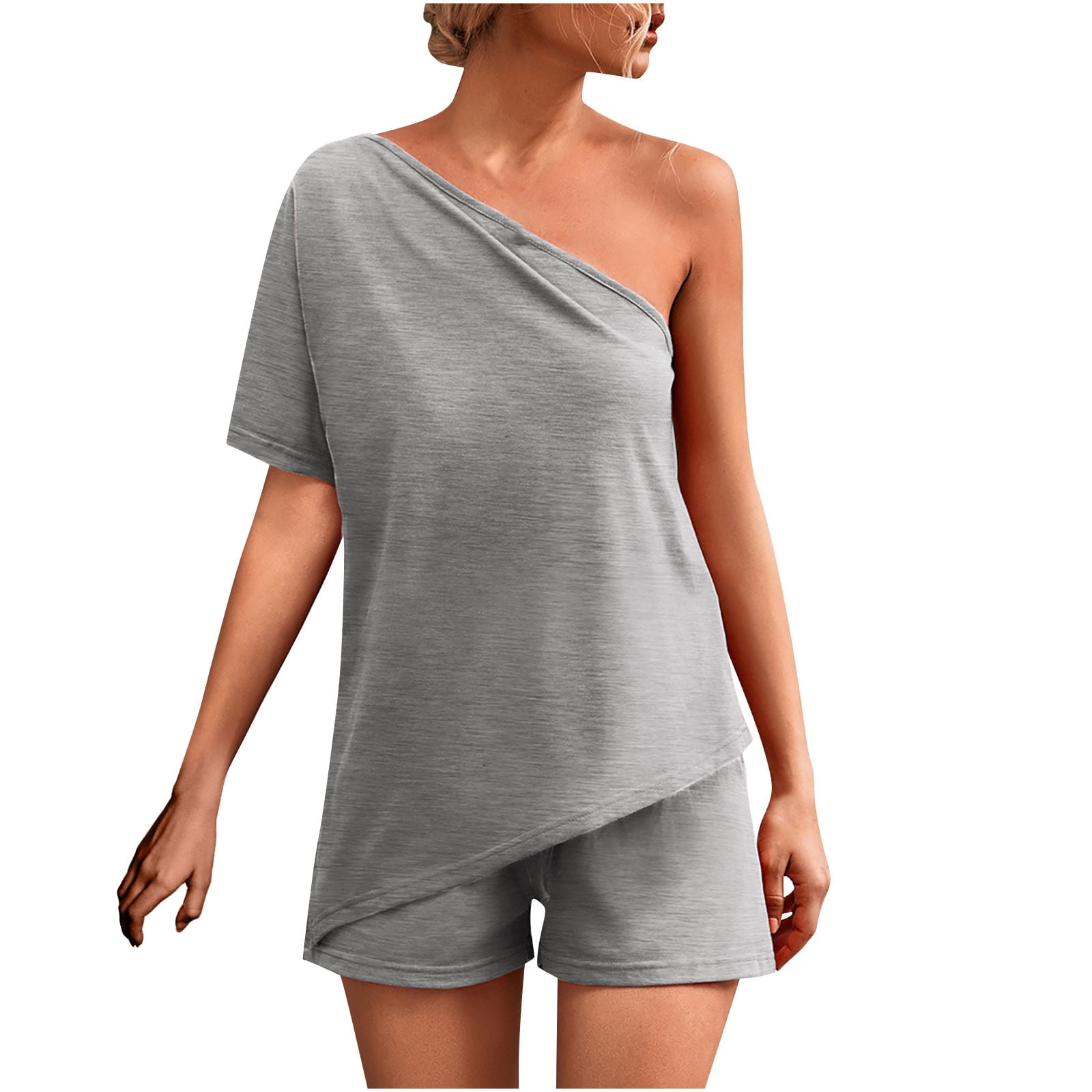 Fashion Outfits Womens Summer 2 Piece Outfits Solid Color One Shoulder ...