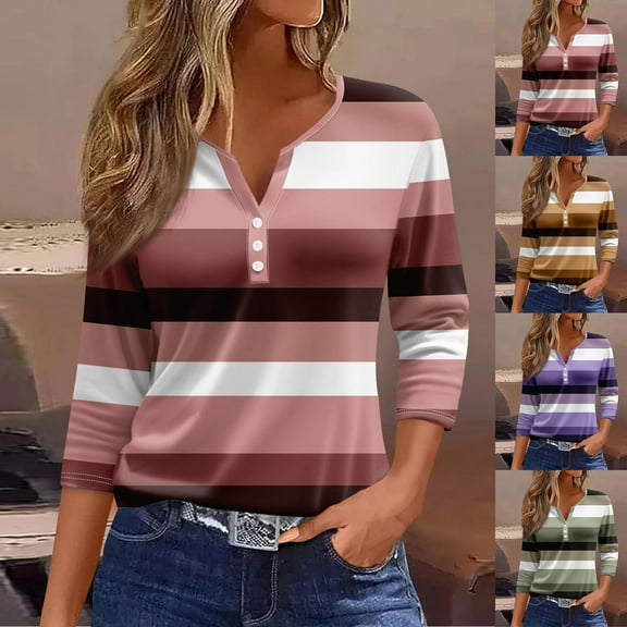 Fashion Oversize Blouses For Women Casual Solid 3/4 Sleeves Buttons V-Neck Wine Beach Vacation Workout S-3XL
