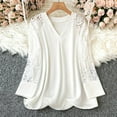 thumbnail image 1 of Fashion Oversize Blouses For Women Casual Solid Large Hollow Out Lace Splice Long Sleeve V-neck Beach Vacation Workout White 4XL, 1 of 7