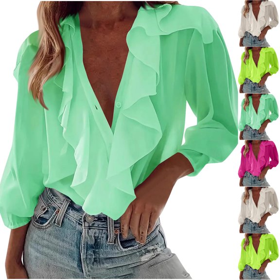 Fashion Oversize Blouses For Women Casual Solid Long Sleeve Ruffle V-Neck Mint Green Blouse Casual Work Pullover Tops S-2XL