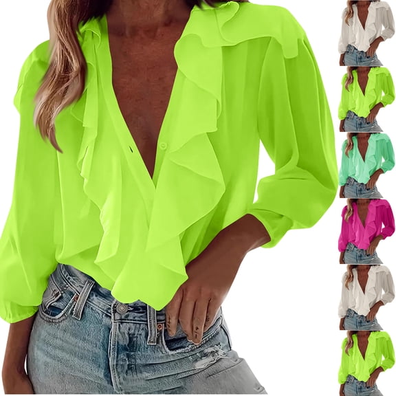 Fashion Oversize Blouses For Women Casual Solid Long Sleeve Ruffle V-Neck Yellow Beach Vacation Workout S-2XL