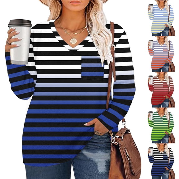 Fashion Oversize Blouses For Women Daily V-neck Solid Color Long Sleeved Blue Beach Vacation Workout L-5XL