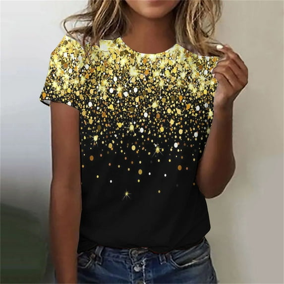 Fashion Oversize Shirt for Women 2024 Summer Casual Sparkling Crystal Printed Round Neck Short Sleeved Shirt Top Present for Women 50% off Clearance