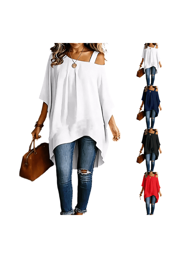 Fashion Oversized Cold Shoulder Blouse for Women Batwing Half Sleeve Asymmetric High Low Hem Solid Spring Daily Wear Tunic Shirt White 2XL