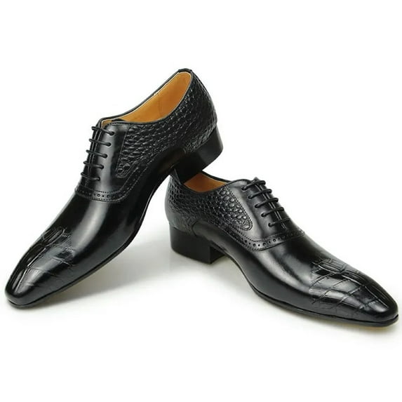 Fashion Oxford Men Dress Shoes Designer Handmade Black Footwear Lace Up Genuine Leather Crocodile Printing Vintage Soulier Homme Black 8.5