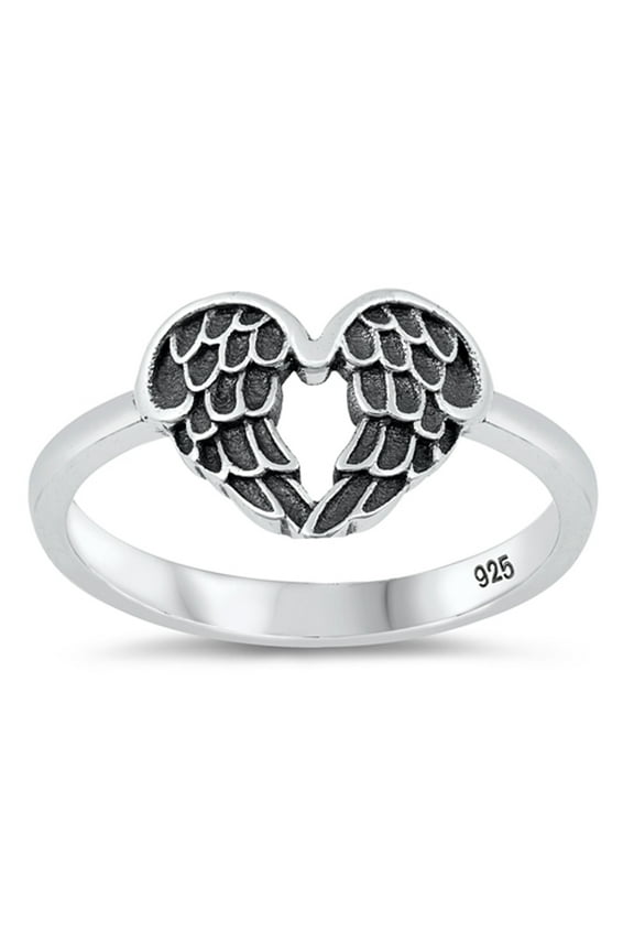 Fashion Oxidized Feather Promise Heart Angel Wing Ring .925 Sterling Silver Band Jewelry Female Size 8