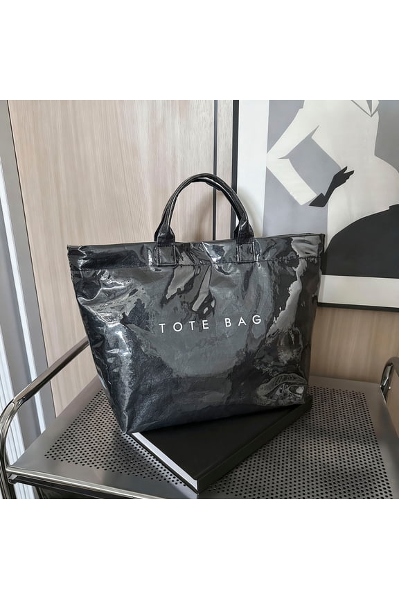 Fashion PVC Tote Bag for Women Large Plastic Tote Bag for Work Letter Print Hobo bag Kraft Paper Work Handbags Purses Solid-Black