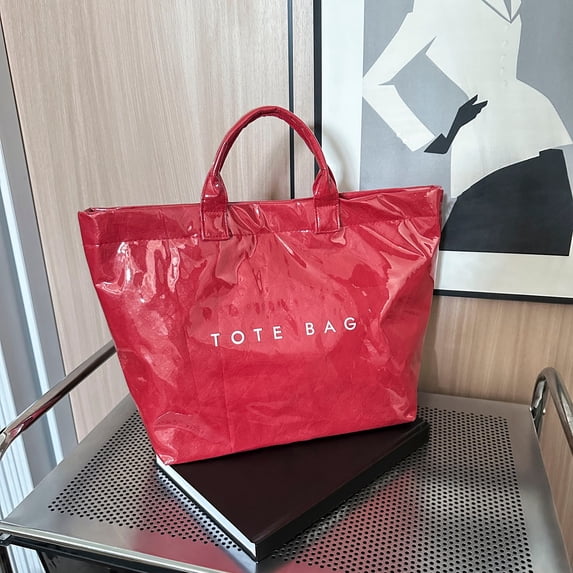Fashion PVC Tote Bag for Women Large Plastic Tote Bag for Work Letter Print Hobo bag Kraft Paper Work Handbags Purses Solid-Red