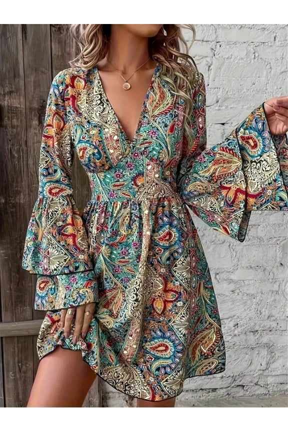 Fashion Me Paisley Print Multi-Layered Ruffle Sleeve V-Neck Fitted Lightweight A-Line Dress, Casual Elegant Resort Style, Spring/Summer, Valentine's D