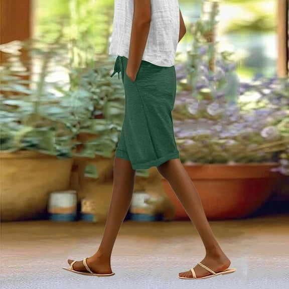 Fashion Pants,Pedal Pushers for Women Lightweight Linen Capri Pants Casual Elastic Waist Bermuda Shorts Summer Beach Pant