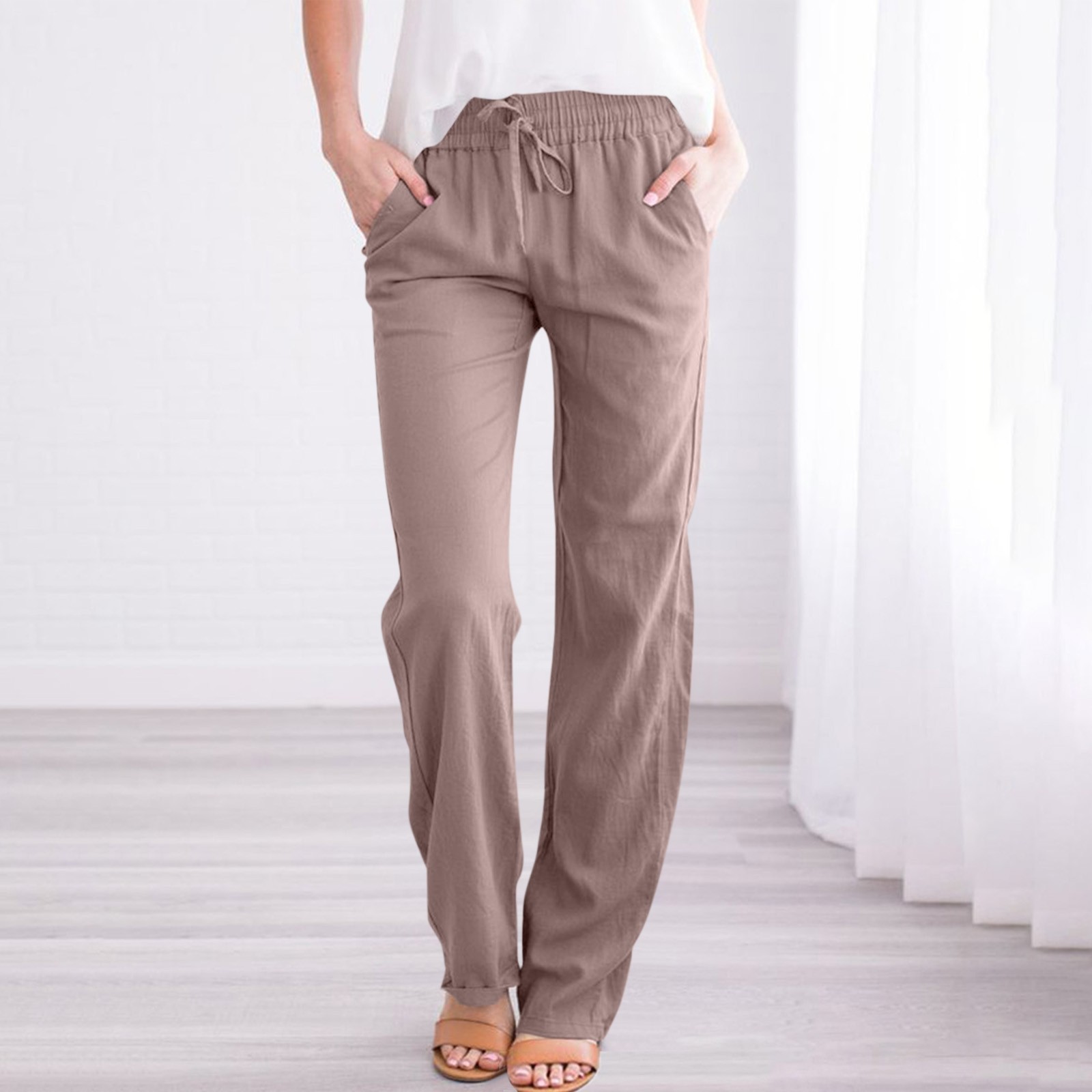 Fashion Pants! Women Cotton And Linen Solid Drawstring Elastic Waist ...