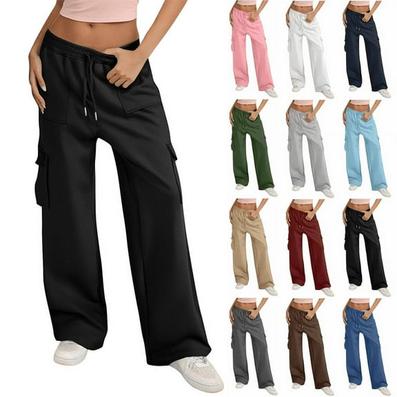 Fashion Pants for Women Casual Drawstring Solid Color Sports Multi-Pocket Cargo(Four Pockets) Sweatpants Black S-2XL