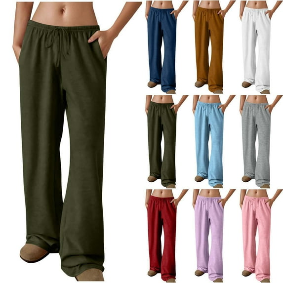 Fashion Pants for Women Solid Color Drawstring Stretch Waist Wide Leg Sports Casual Pocket Sweatpants Army Green S-2XL