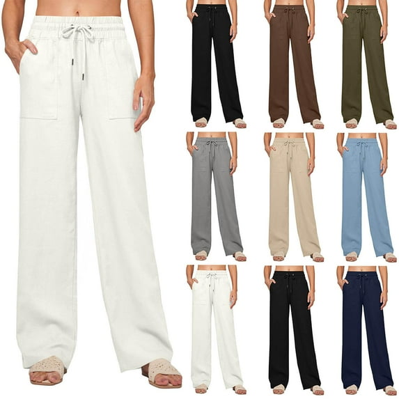 Fashion Pants for Women Solid Color Elastic Waist Strap Drawstring Pocket Sweatpants White S-2XL