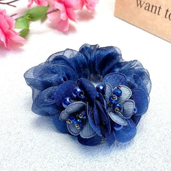 Fashion Parties Daily Use Lace Double Layer Rhinestone Flower Hair Scrunchies Rubber Hairbands Elastic Hair Bands Hair Ties BLUE