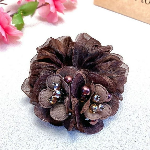 Fashion Parties Daily Use Lace Double Layer Rhinestone Flower Hair Scrunchies Rubber Hairbands Elastic Hair Bands Hair Ties COFFEE