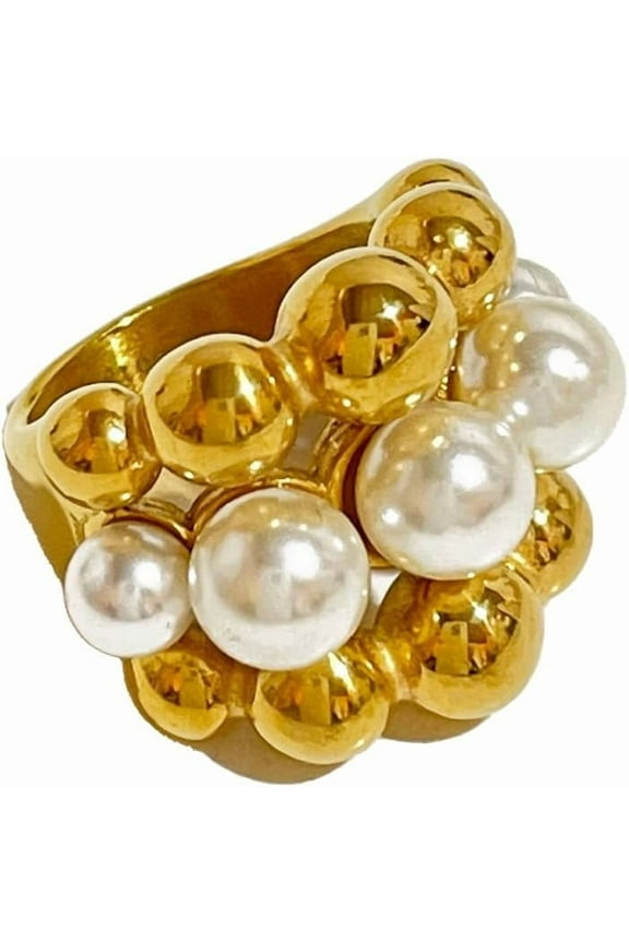 Fashion Pearl Chunky Statement Ring for Women Gold-Tone Stainless Steel Chunky Finger Band Thick Stacking Rings Comfort Fit Punk Jewelry