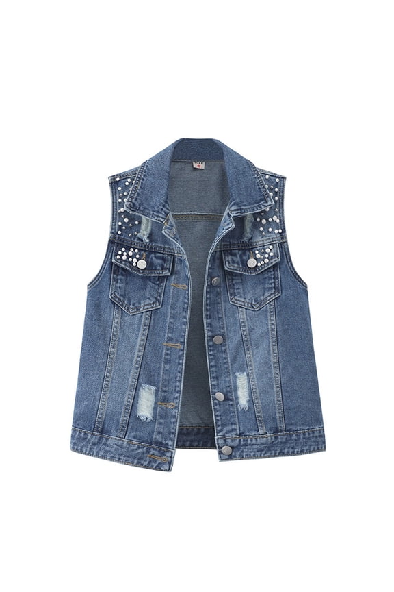 Fashion Pearl Rivet Denim Jackets For Women Plus Size Ripped Sleeveless Button Lapel Jean Vest Tops