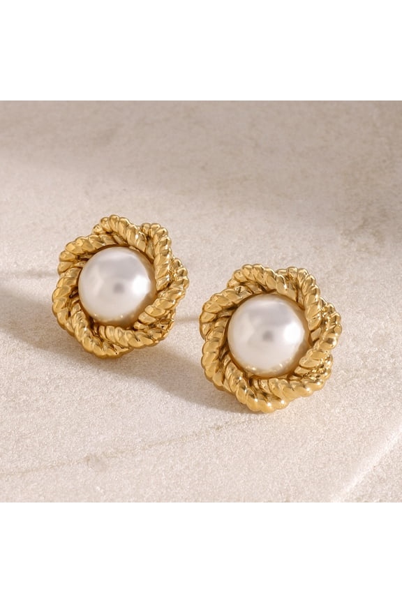 Fashion Pearl Round Flower Stud Earrings for Women 14K Yellow Gold Elegant Charm Jewelry Accessories Gift