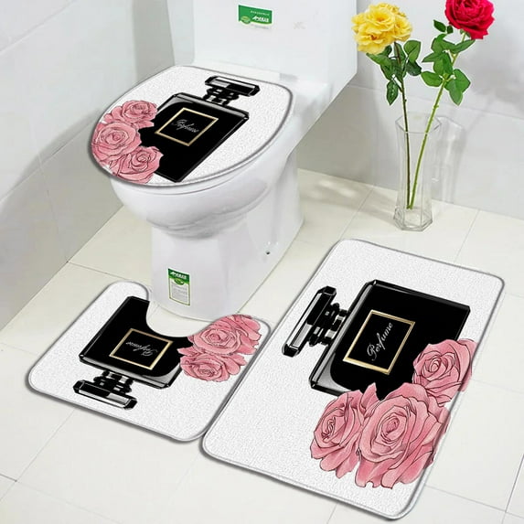 Fashion Perfume Shower Curtain Set Pink Rose Flower Modern Woman Girl Home Bathroom r Non Slip Rug Bath Mat Toilet Lid Cover