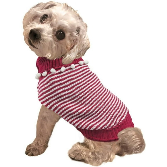 Fashion Pet Pom Pom Stripe Dog Sweater Raspberry - DS