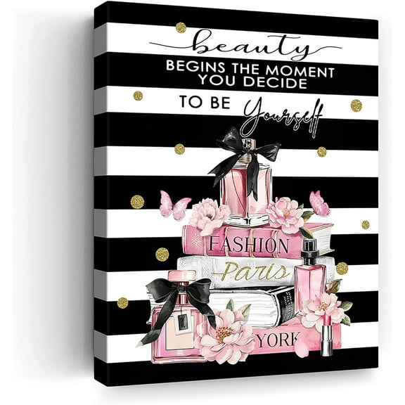 Fashion Pink Bathroom Decor Wall Art Pink Flower Perfume Pictures Canvas Wall Art Modern Black White Striped Motivational Quetos Girly Makeup Room Framed Artwork Painting Wall Decor For Bedroom