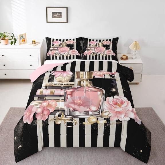Fashion Pink Bedding Full Size Modern Girly Black White Stripe Comforter Set, Women Pink Floral Bedding Comforter Sets Perfume Print Duvet Insert Romantic Makeup Themed Quilt