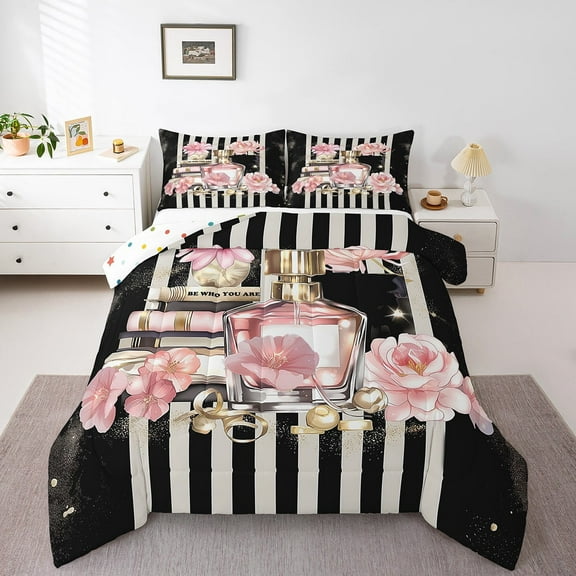 Fashion Pink Bedding Queen Size Modern Girly Black White Stripe Comforter Set, Women Pink Floral Bedding Comforter Sets Perfume Print Duvet Insert Romantic Makeup Themed Quilt