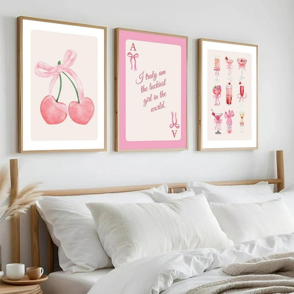 Fashion Pink Bow Wall Art Coquette Preppy Wall Decor Pink Cowboy Boots Painting Picture Lucky Girl Poker Canvas Poster Prints for Girls Dormitory College Apartment Home Decor
