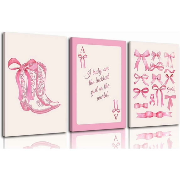 Fashion Pink Bow Wall Art Coquette Preppy Wall Decor Pink Cowboy Boots Painting Picture Lucky Girl Poker Canvas Poster Prints for Girls Dormitory College Apartment Home Decor